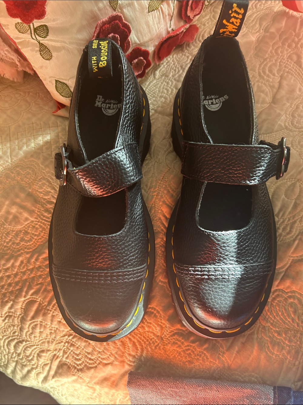 Dr. Martens Kids Black Mary Jane Shoes with Yellow Stitching